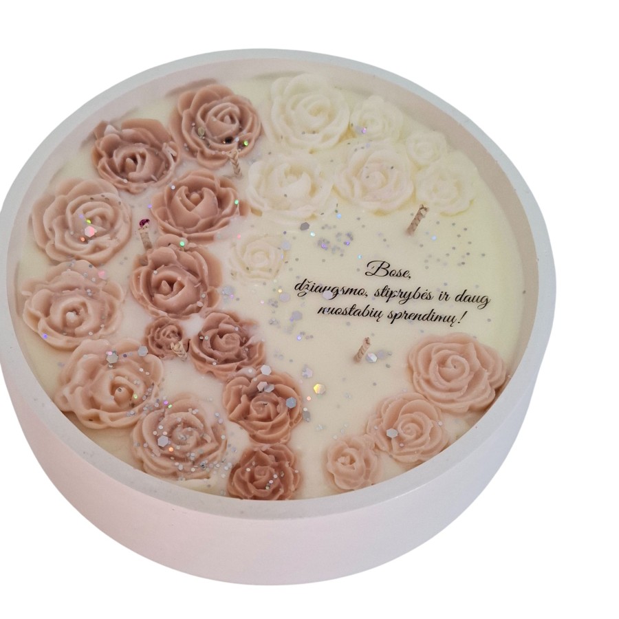 Rankų darbo žvakė su rožių dekoru boso dienai,xxl