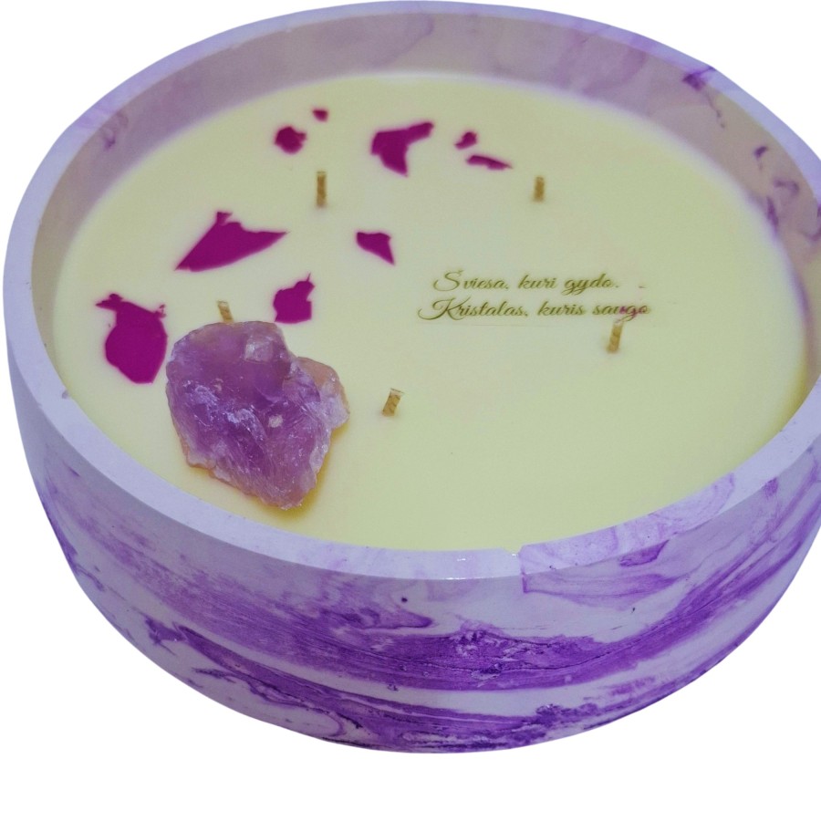 Sojų vaško žvakė su ametisto kristalu, vienetinė Sojų vaško žvakė su ametisto kristalu, vienetinė