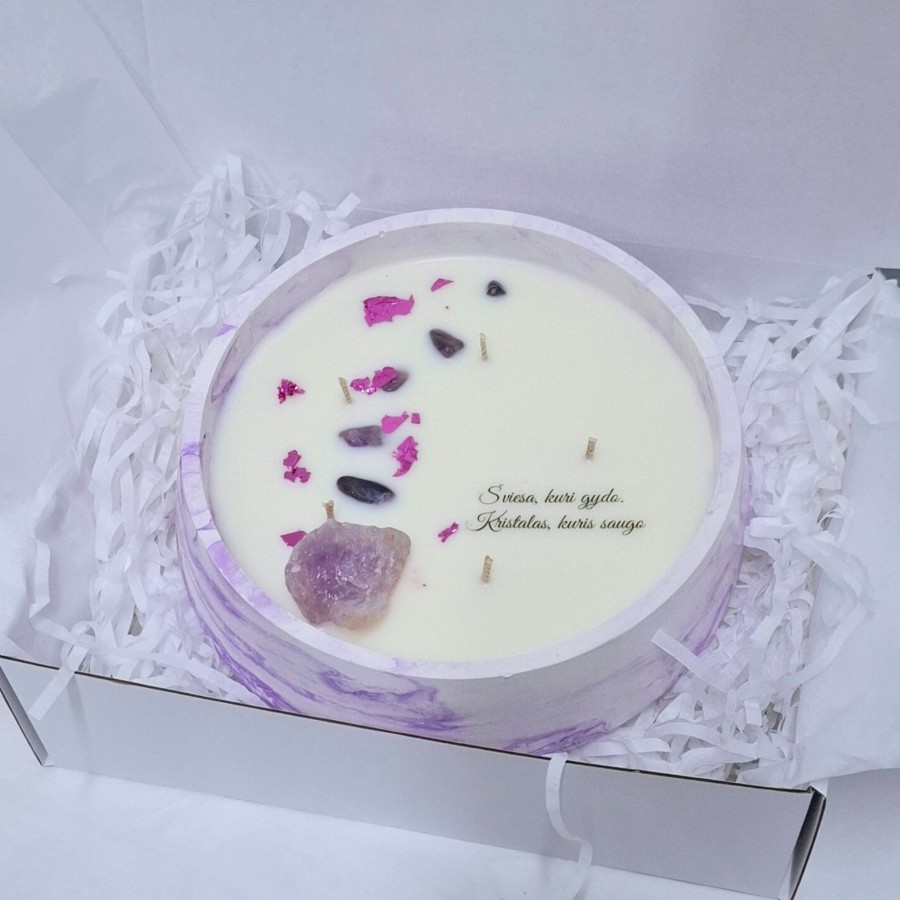 Sojų vaško žvakė su ametisto kristalu, vienetinė Sojų vaško žvakė su ametisto kristalu, vienetinė