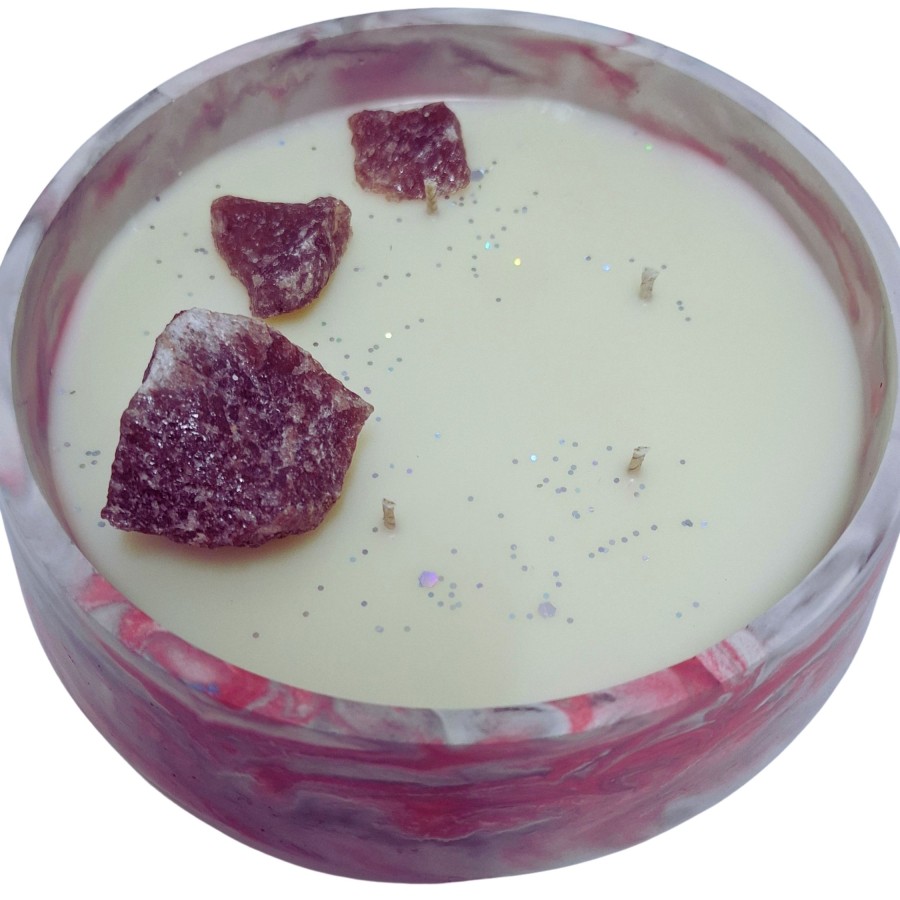 Žvakė su feldšpato mineralu, 500g, raudonas Žvakė su feldšpato mineralu, 500g, raudonas