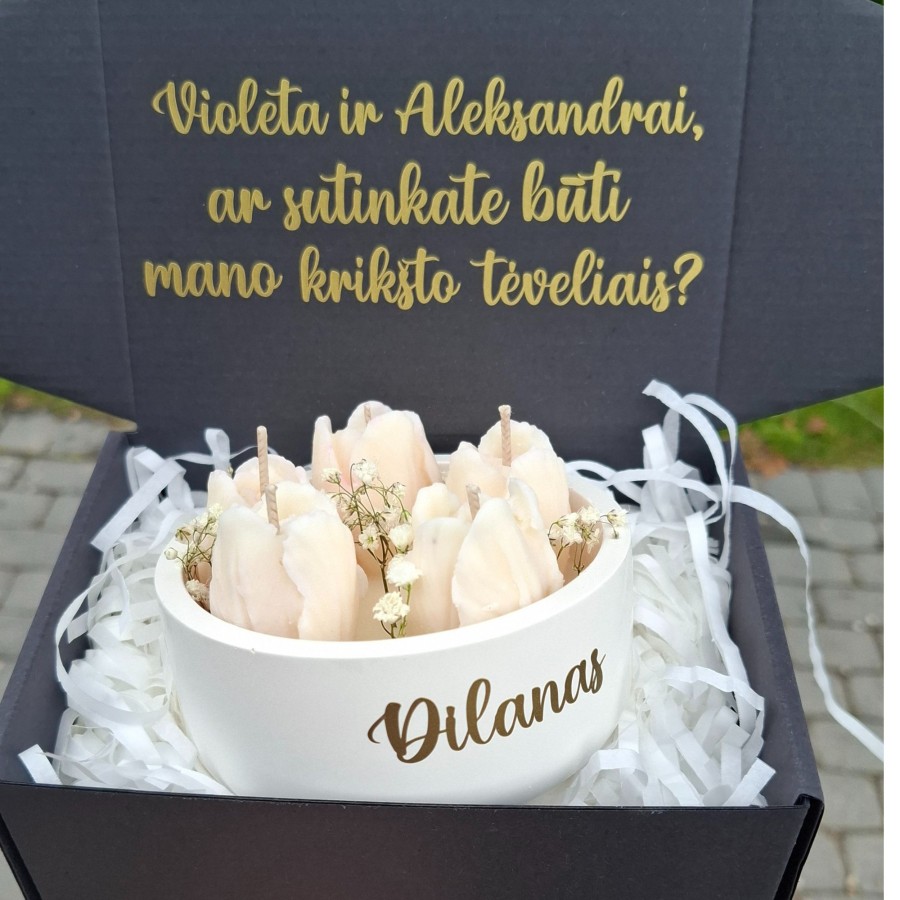 Kvietimas krikšto tėveliams žvakė "Tulpės"