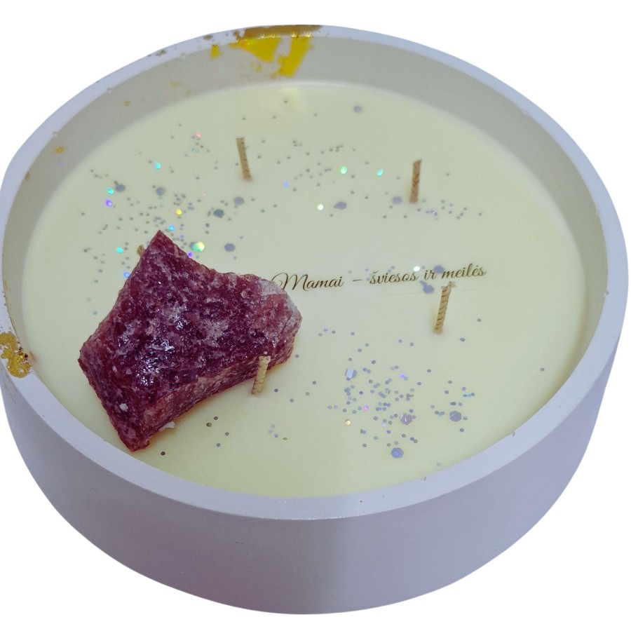 Žvakė su feldšpato mineralu, 500g, baltas ind. Žvakė su feldšpato mineralu, 500g, baltas ind.