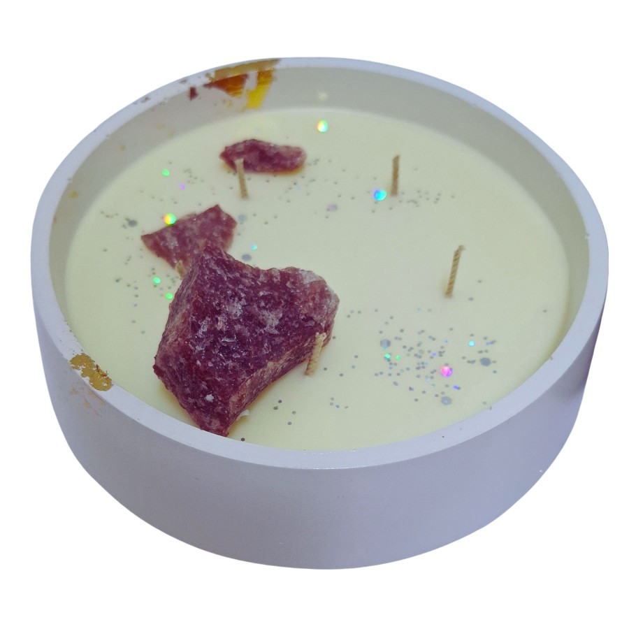 Žvakė su feldšpato mineralu, 500g, baltas ind. Žvakė su feldšpato mineralu, 500g, baltas ind.