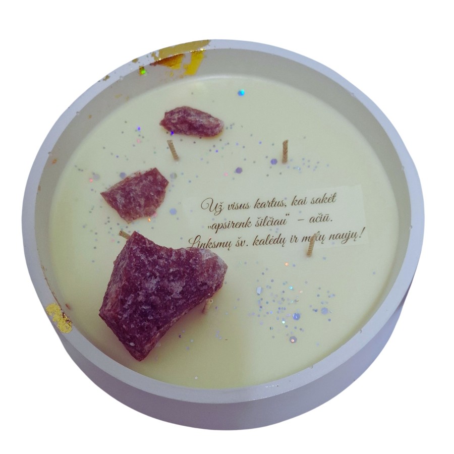 Žvakė su feldšpato mineralu, 500g, baltas ind. Žvakė su feldšpato mineralu, 500g, baltas ind.