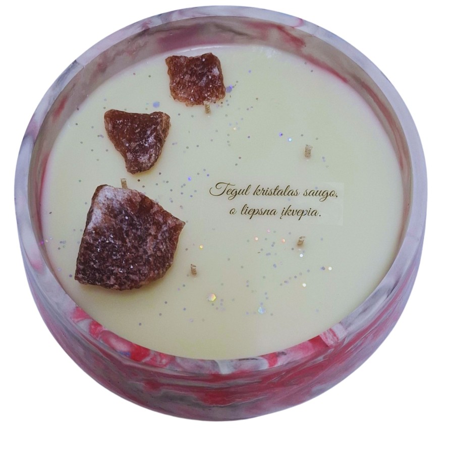 Žvakė su feldšpato mineralu, 500g, raudonas Žvakė su feldšpato mineralu, 500g, raudonas